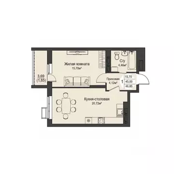 1-к кв. Орловская область, Орел ул. Кузнецова, 1 (46.85 м)