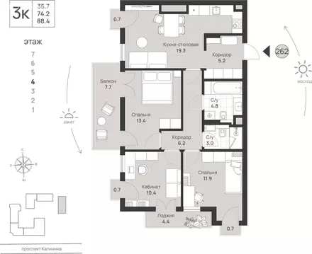 3-комнатная квартира: Калининград, проспект Калинина, 111 (88.4 м)