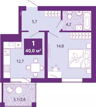 1-комнатная квартира: Калининград, Байкальская улица, 1к5 (40.5 м)