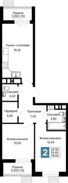 2-к кв. Адыгея, Тахтамукайский район, Яблоновский пгт  (59.0 м)
