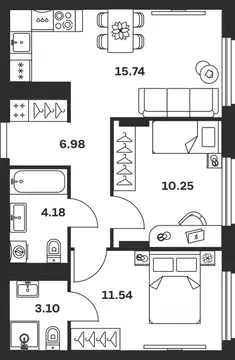 2-к кв. Тульская область, Тула Баташи Парк жилой комплекс (51.79 м)