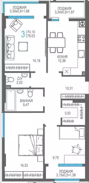 3-к кв. Крым, Алушта На Фонтанке жилой комплекс (79.03 м)