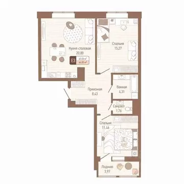 2-к кв. Тульская область, Тула Кулик жилой комплекс (64.02 м)