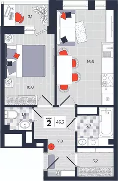 2-к кв. Тульская область, Тула ул. Академика Насоновой, 1А (46.3 м)