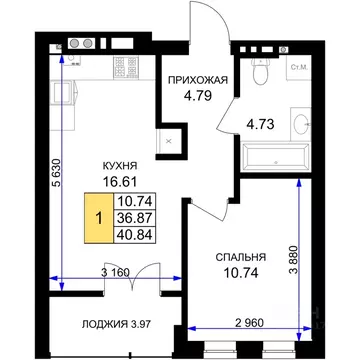 1-к кв. Калининградская область, Гурьевск Включи жилой комплекс (40.84 ...