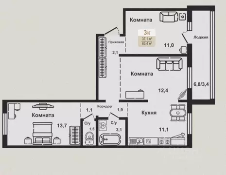3-к кв. Курганская область, Курган Заозерный жилрайон, 8-й мкр, 12 ...
