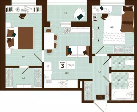 3-к кв. Тульская область, Тула ул. Академика Насоновой, 3 (55.0 м)