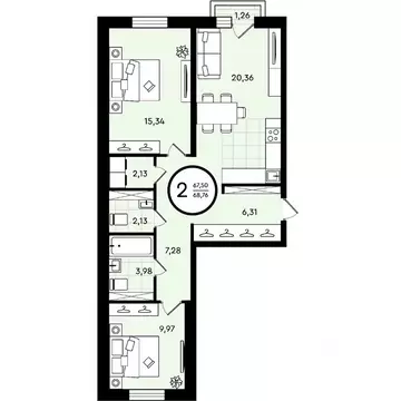 2-к кв. Тюменская область, Тюмень ул. Александра Звягина, 2 (68.76 м)