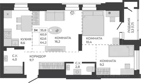 3-к кв. Алтайский край, Барнаул тракт Павловский, 251Б (62.6 м)