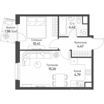 2-к кв. Татарстан, Казань Счастье в Казани жилой комплекс (39.8 м)