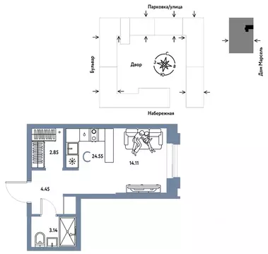 Студия Тюменская область, Тюмень Береговая ул., 100к2 (24.55 м)