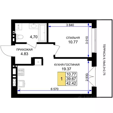 1-к кв. Калининградская область, Гурьевск Включи жилой комплекс (42.42 ...
