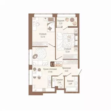 2-к кв. Тульская область, Тула Кулик жилой комплекс (57.06 м)