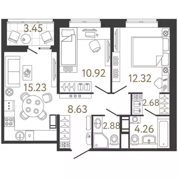 2-к кв. Санкт-Петербург Ультра Сити 3.0 жилой комплекс (56.92 м)