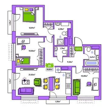 3-к кв. Тюменская область, Тюмень Полевая ул., 93к1 (78.89 м)