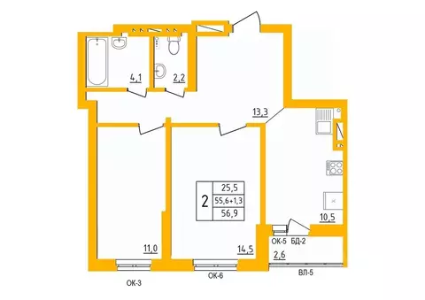 2-к кв. Башкортостан, Уфа ул. имени Фронтовых Бригад, 15/2 (56.5 м)