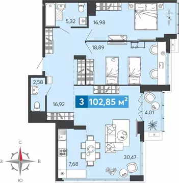 3-комнатная квартира: Засечное, Прибрежный бульвар, 5 (102.85 м)
