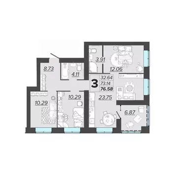 3-к кв. Брянская область, Брянск Архитектор жилой комплекс (76.58 м)