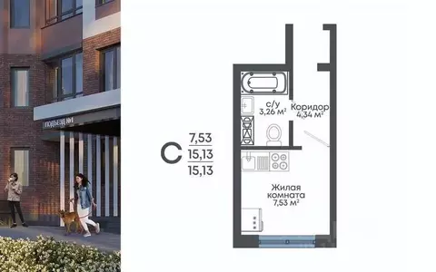 Студия Воронежская область, Воронеж 8 Элемент жилой комплекс (15.13 м)