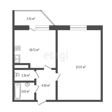 1-комнатная квартира: Тюмень, Ямбургский проезд, 3 (42.6 м)