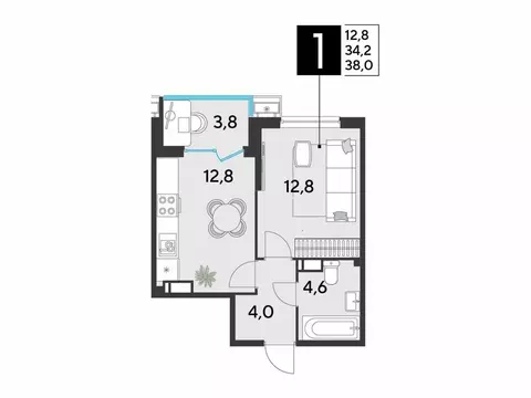 1-комнатная квартира: Краснодар, микрорайон Парк Победы (38 м)