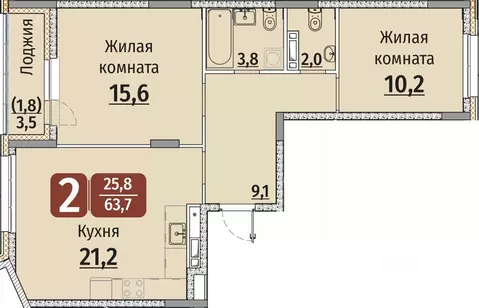 2-к кв. Чувашия, Чебоксары ул. Энергетиков, поз8 (65.45 м)