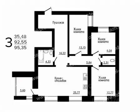 3-к кв. Воронежская область, Семилуки ул. Маяковского, 37/3 (88.2 м)