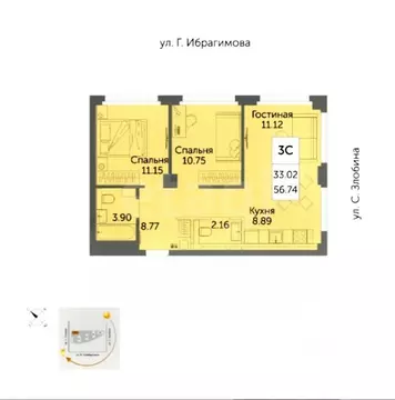 3-к кв. Башкортостан, Уфа ул. Художника Позднова, 13 (56.74 м)