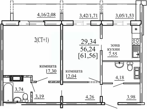 2-к кв. Челябинская область, Челябинск ул. Маршала Чуйкова, 28 (56.24 ...