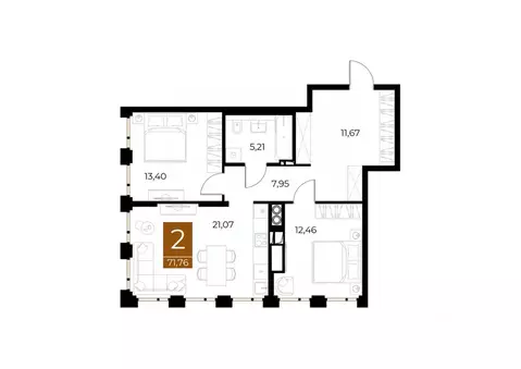 2-к кв. Рязанская область, Рязань Медный жилой комплекс (71.76 м)