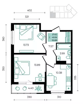 2-к кв. Адыгея, Майкопский район, пос. Тульский  (50.88 м)