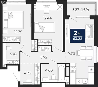 2-комнатная квартира: Тюмень, Арктическая улица, 14 (64.9 м)