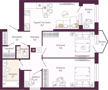 2-к кв. Нижегородская область, Нижний Новгород ул. Тургенева (67.2 м)