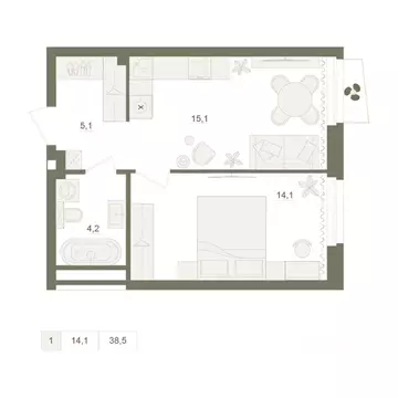 1-к кв. Башкортостан, Уфа Родина Парк жилой комплекс (38.5 м)