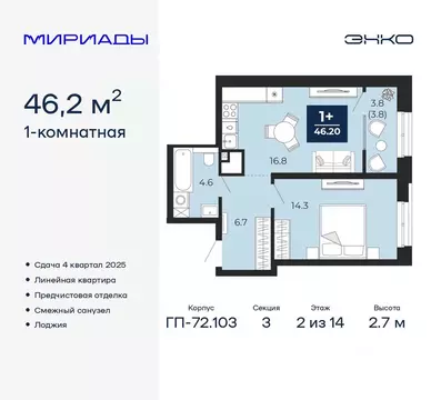 1-к кв. Тюменская область, Тюмень ул. Тимофея Чаркова, 77/1 (46.2 м)