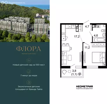 1-комнатная квартира: Сочи, улица Искры, 66/9к8 (38.9 м)