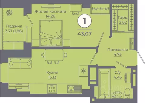 1-к кв. Ростовская область, Ростов-на-Дону ул. Еременко, 115 (43.45 м)