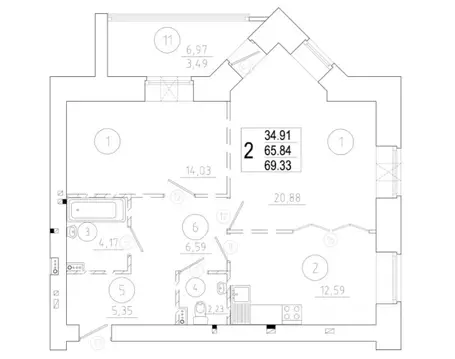 2-к кв. Омская область, Омск Старгород мкр, ул. Нагибина, 44 (69.3 м)