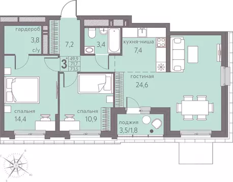 Студия Пермский край, Пермь ул. Серебристая, 5 (73.5 м)