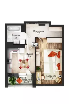 1-к кв. Курская область, Курск ул. Павлуновского (42.2 м)