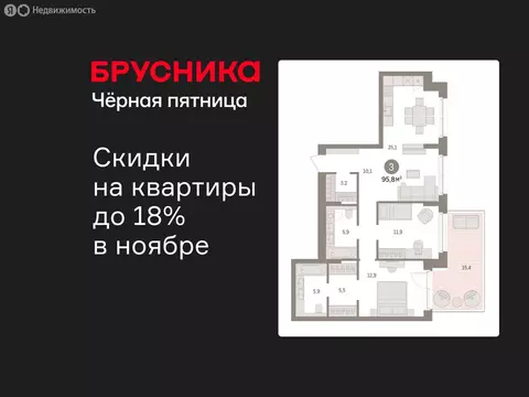 2-комнатная квартира: Новоселье, ЖК Брусника (95.77 м)