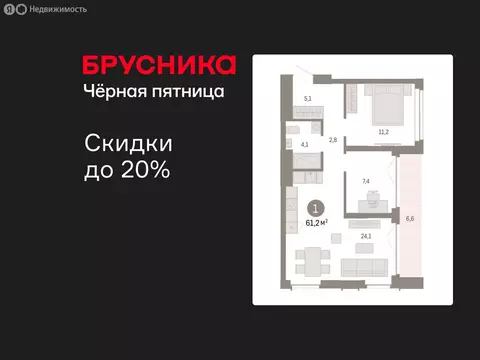 1-комнатная квартира: Новосибирск, Большевистская улица, 66 (61.15 м)