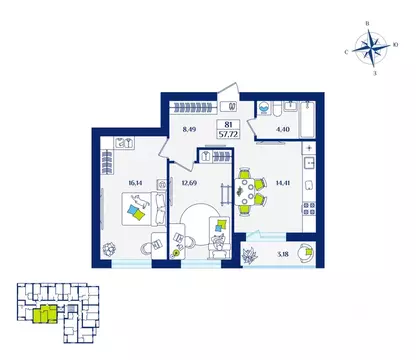 2-к кв. Калининградская область, Зеленоградск  (57.72 м)