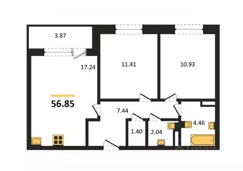 2-к кв. Воронежская область, Воронеж ул. Матросова, 60 (56.85 м)