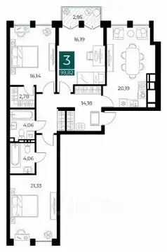 3-к кв. Рязанская область, Рязань Арт Кварталы жилой комплекс (99.82 ...