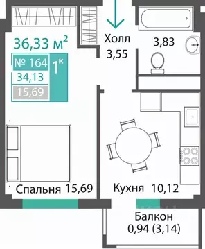1-к кв. Крым, Симферопольский район, с. Мирное ПроПолис жилой комплекс ...