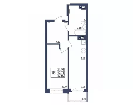 1-к кв. Башкортостан, Уфа Космос жилой комплекс, лит1 (43.99 м)
