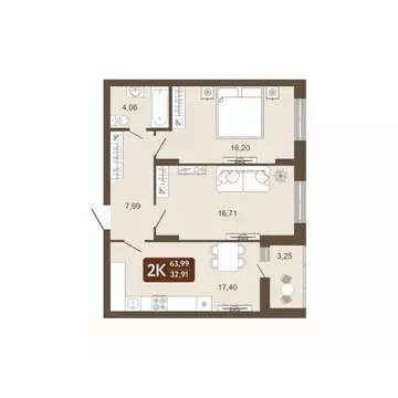 2-к кв. Кемеровская область, Кемерово 58В мкр, 1 (63.99 м)