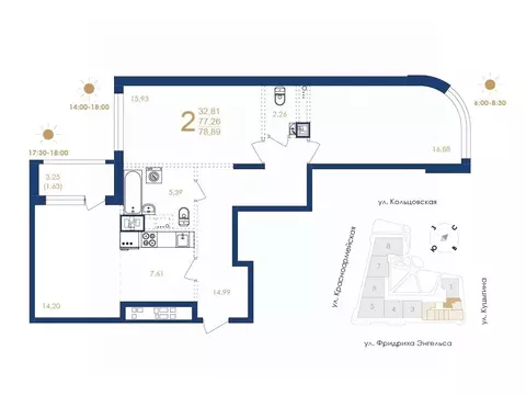 2-к кв. Воронежская область, Воронеж ул. Фридриха Энгельса, 88 (78.89 ...