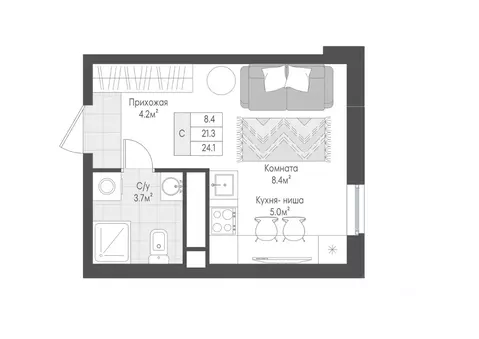Студия Тверская область, Тверь Южный мкр, Этот жилой комплекс (22.0 м)